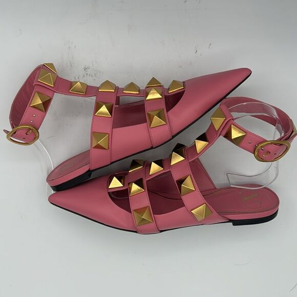 Valentino Roman Stud Leather Ankle Strap Flat Pink IT 37/ US 7 - Picture 8 of 14